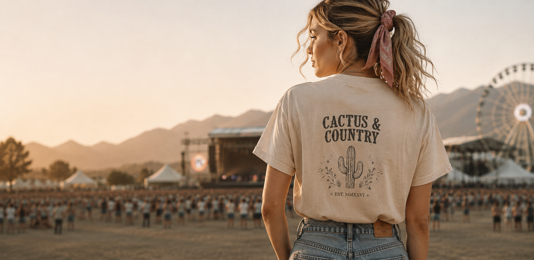 Woman wearing a 'Cactus & Country' shirt at a music festival with mountains and ferris wheel in the background.