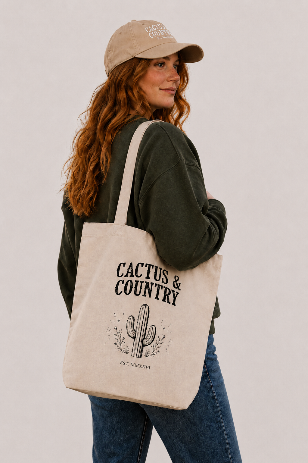 Cactus & Country logo organic cotton tote bag in oyster – view 2