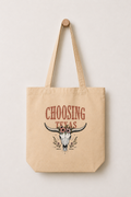 Choosing Texas longhorn organic cotton tote bag in oyster by Cactus & Country