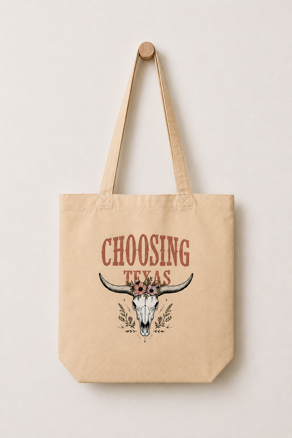 Choosing Texas longhorn organic cotton tote bag in oyster by Cactus & Country