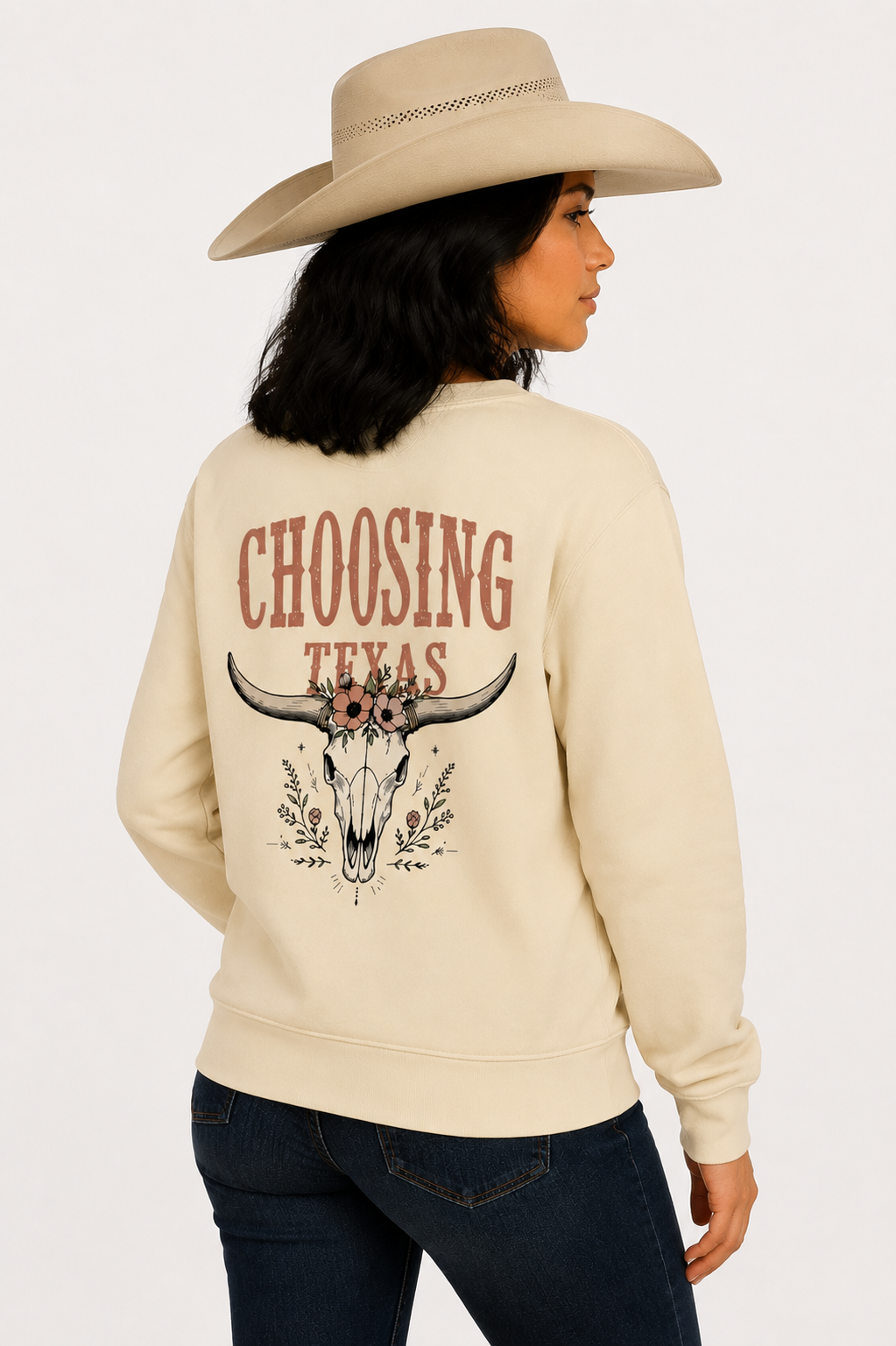 Choosing Texas longhorn sweatshirt in bone by Cactus & Country – view 4