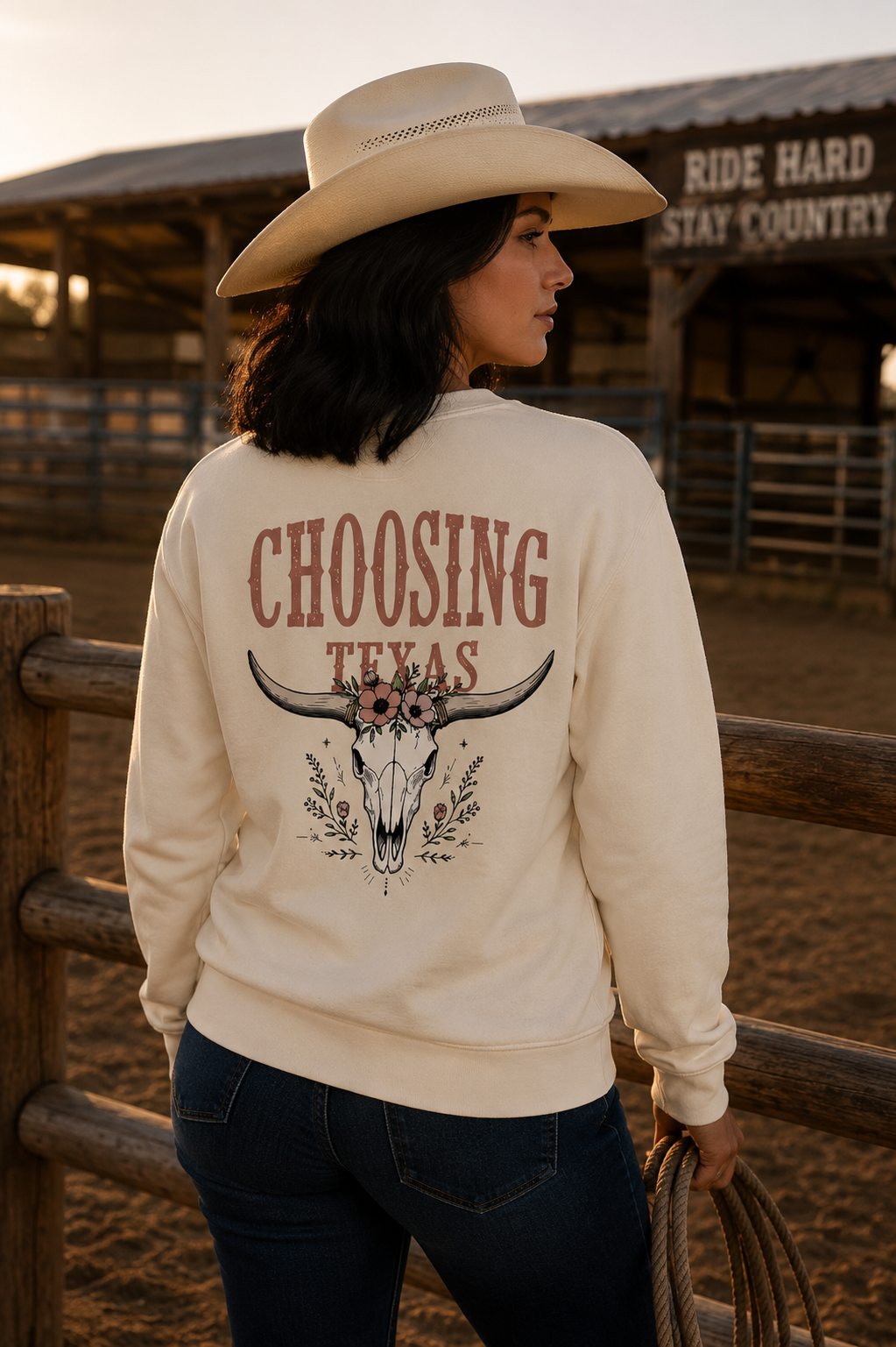 Choosing Texas longhorn sweatshirt in bone by Cactus & Country – view 2